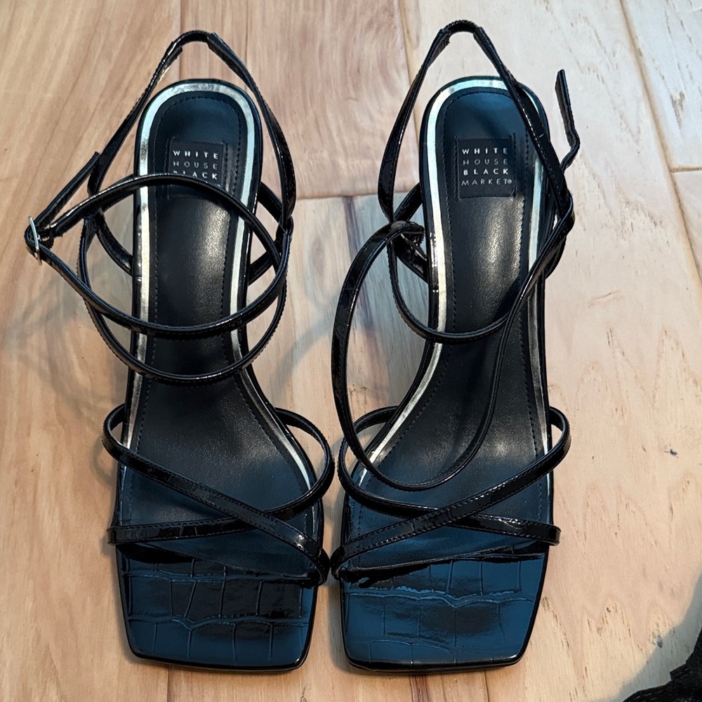 White House Black Market Glossy Black Strappy Heels